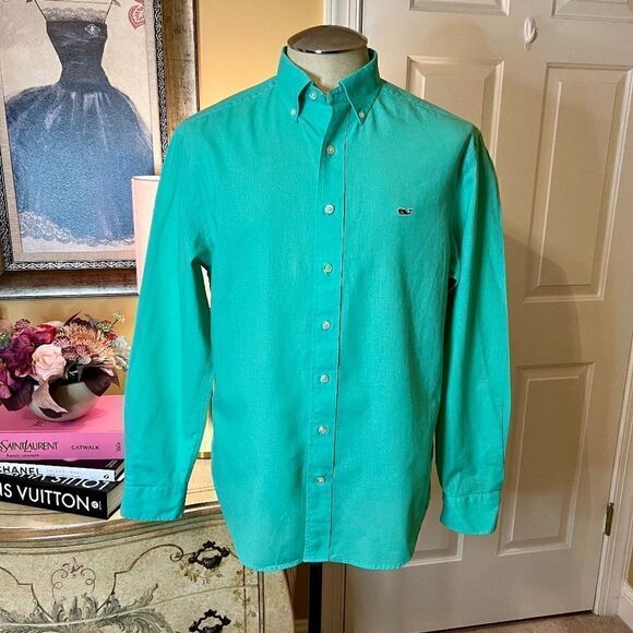 EEUC Men's Vineyard Vines Linen Blend Green Button Down Shirt Size MEDIUM - Picture 1 of 2